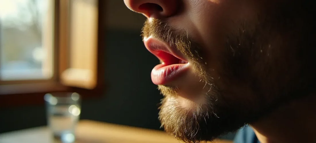 Gros plan sur une bouche sèche et des lèvres desséchées au lever du jour, illustrant la sensation de gueule de bois et pourquoi ce nom évoque la texture du bois