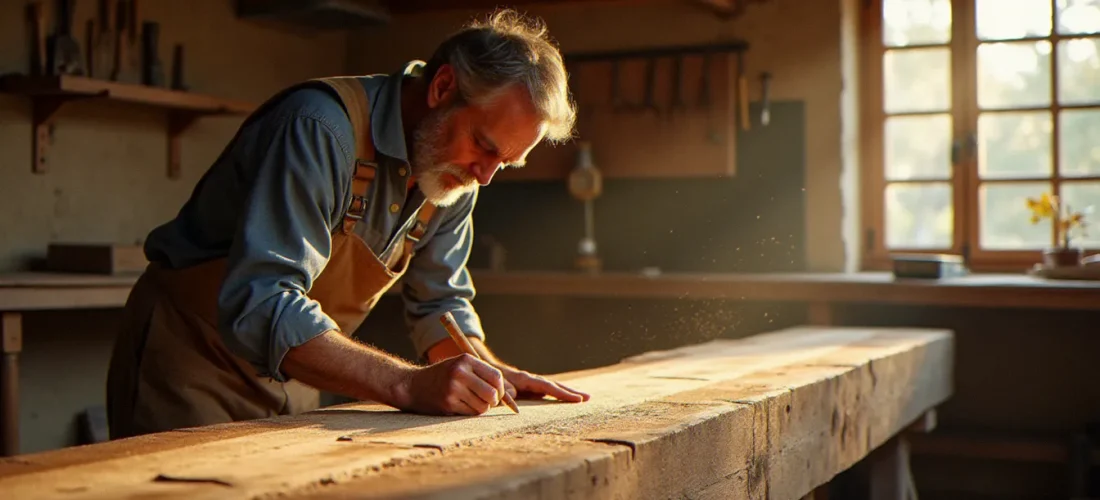 Artisan charpentier mesurant une poutre en chêne dans un atelier traditionnel du Midi, illustrant les métiers du bois qui recrutent en France