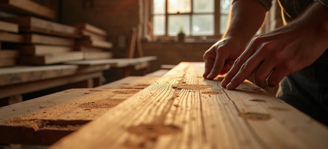Artisan examinant une planche de bois brut dans un atelier, pour comprendre le terme mauris bois et choisir la bonne essence