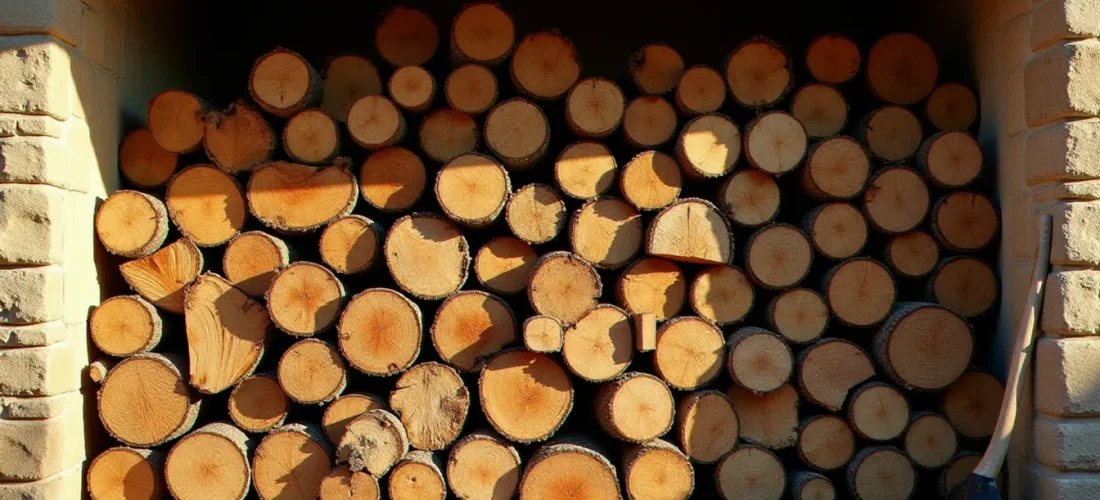 Rangée de bûches de chêne et de charme soigneusement empilées dans un bûcher en pierre du Sud de la France, illustrant le classement du meilleur bois de chauffage