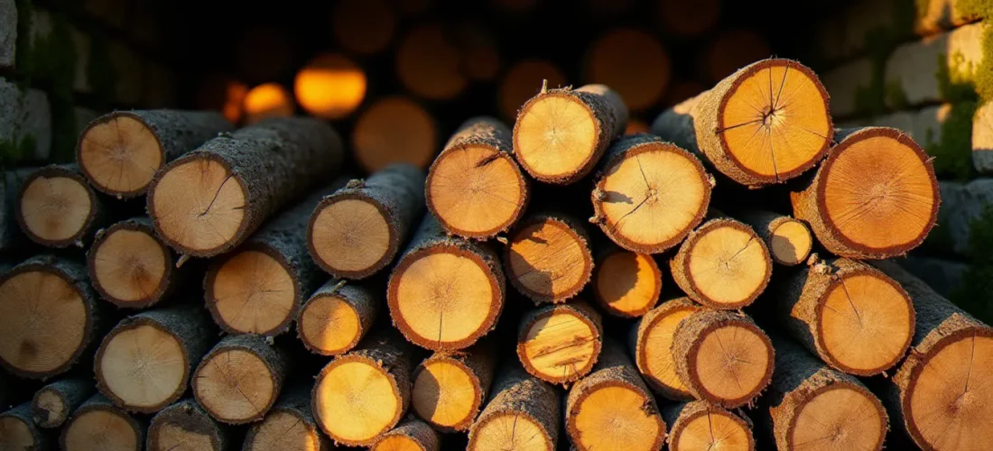 Stère de chêne fendu et bien séché empilé sous un appentis en pierre dans le sud de la France, bûches de meilleur bois de chauffage avec fentes radiales visibles sur les coupes
