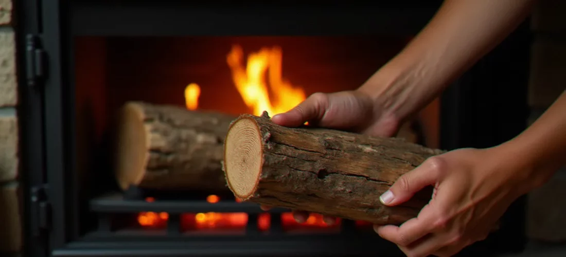 Bûche de chêne fendue placée dans un insert de cheminée moderne, illustrant le choix du meilleur bois de chauffage pour insert