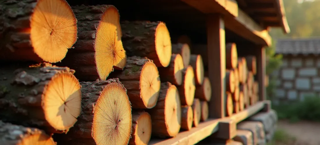 Stère de chêne fendu et bien séché, meilleur bois de chauffage pour poêle, empilé dans un abri à bois ensoleillé de l'Hérault