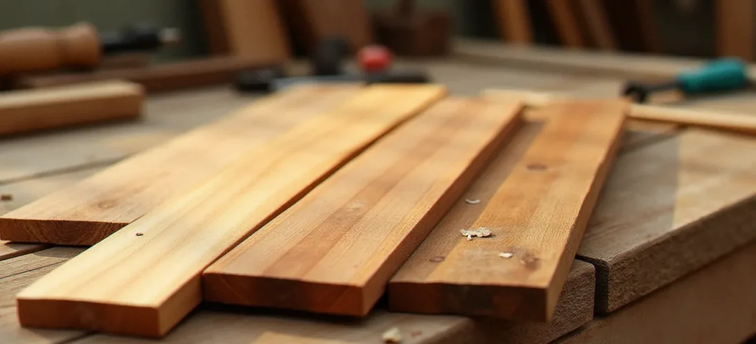 Comparaison de plusieurs essences de bois pour l'extérieur posées sur un établi d'artisan, montrant le grain naturel du meilleur bois pour l'extérieur