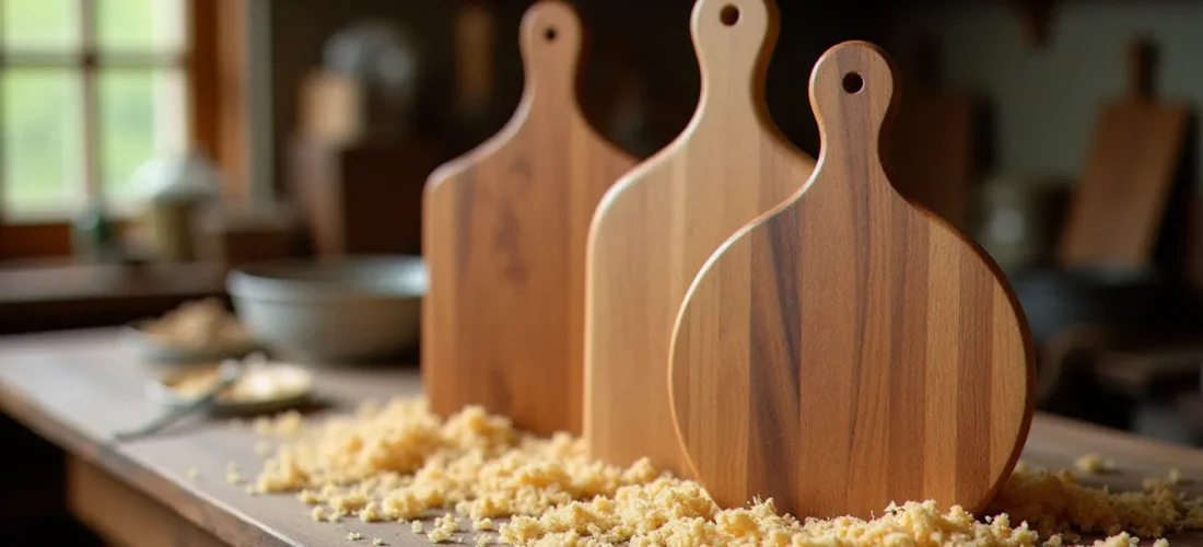 Trois planches à découper en bois massif côte à côte — noyer, érable et hêtre — illustrant les meilleures essences pour une planche à découper artisanale