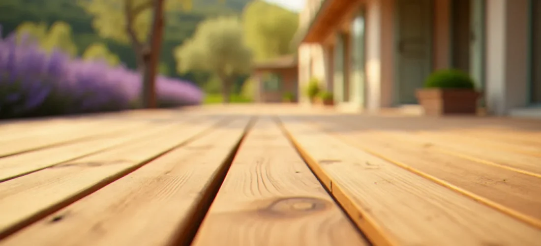 Terrasse en bois de robinier aux lames bien espacées baignées de lumière méditerranéenne, illustration du choix du meilleur bois pour terrasse en région Sud