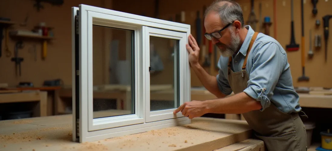 Artisan menuisier mesurant un cadre de fenêtre en PVC dans un atelier de menuiseries MC France en France