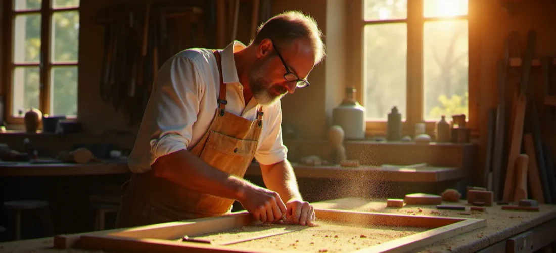 Artisan menuisier en train de travailler une pièce de chêne dans son atelier, illustrant le savoir-faire de meslin menuiserie dans l'Hérault