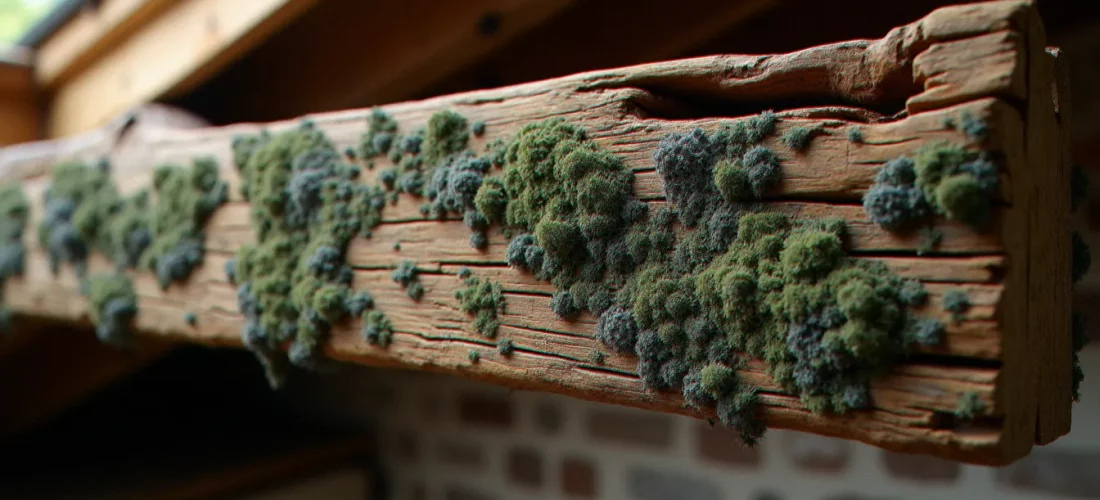 Poutre en bois de charpente ancienne couverte de moisissure noire et verte, illustrant le danger de la moisissure bois dans une maison