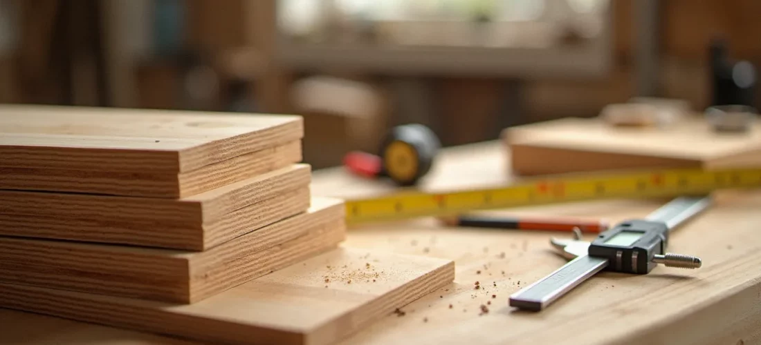atelier de menuiserie avec planches de pin empilées et outils de mesure pour projet en bois