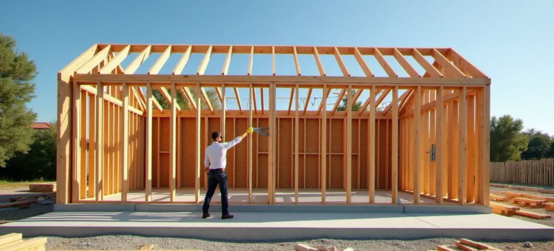 Chantier de construction ossature bois guide en cours dans le sud de la France, murs à montants bois levés sur dalle béton avec charpentier au travail