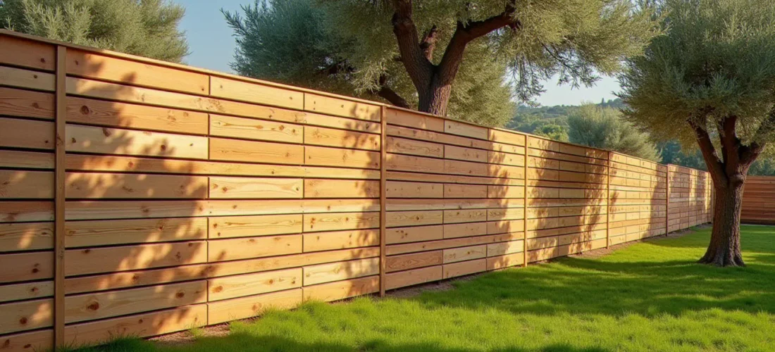 Panneau bois occultant 200x200 installé en clôture dans un jardin du sud de la France