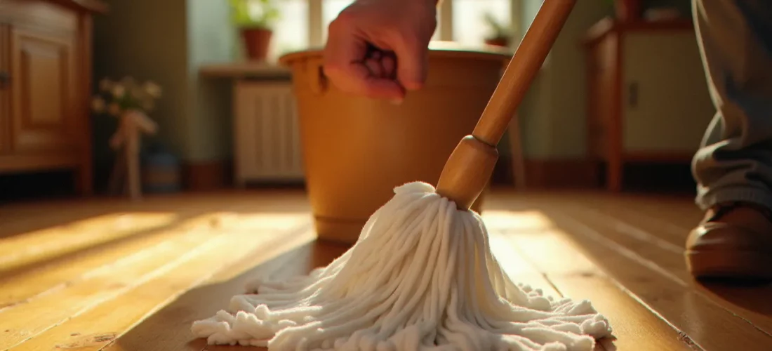 Mains d'artisan essorant une serpillière microfibre avant de nettoyer un parquet bois en chêne dans une cuisine lumineuse