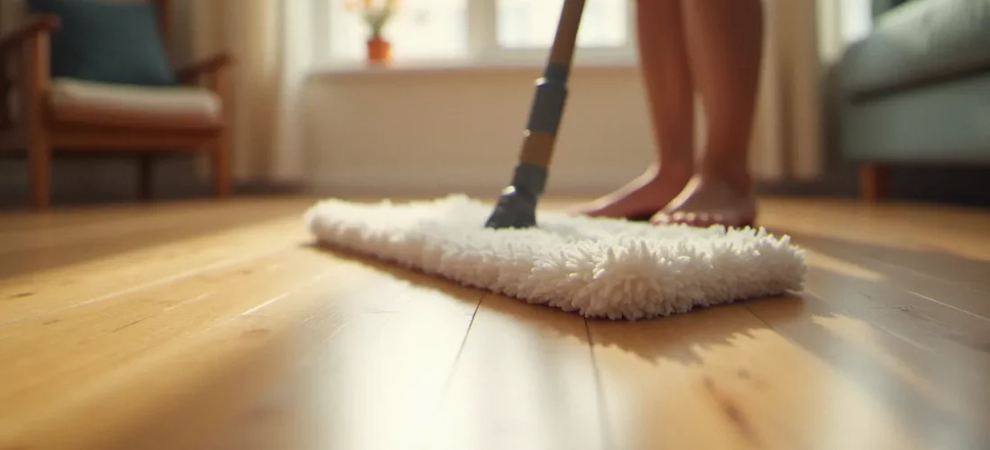 Nettoyage d'un parquet bois en chêne massif avec une serpillière microfibre légèrement humide dans un intérieur lumineux