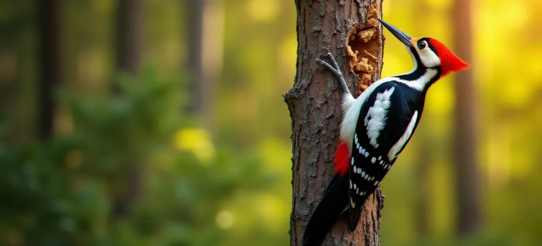 Pic épeiche en plein picorage sur un tronc de pin, illustrant pourquoi le pic bois pique le bois des arbres