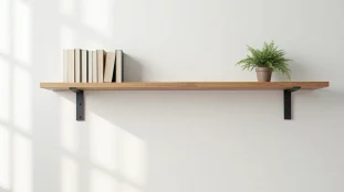 Planche bois etagere en chêne massif fixée au mur d'un salon et chargée de livres