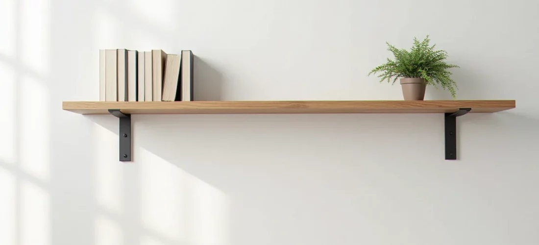 Planche bois etagere en chêne massif fixée au mur d'un salon et chargée de livres