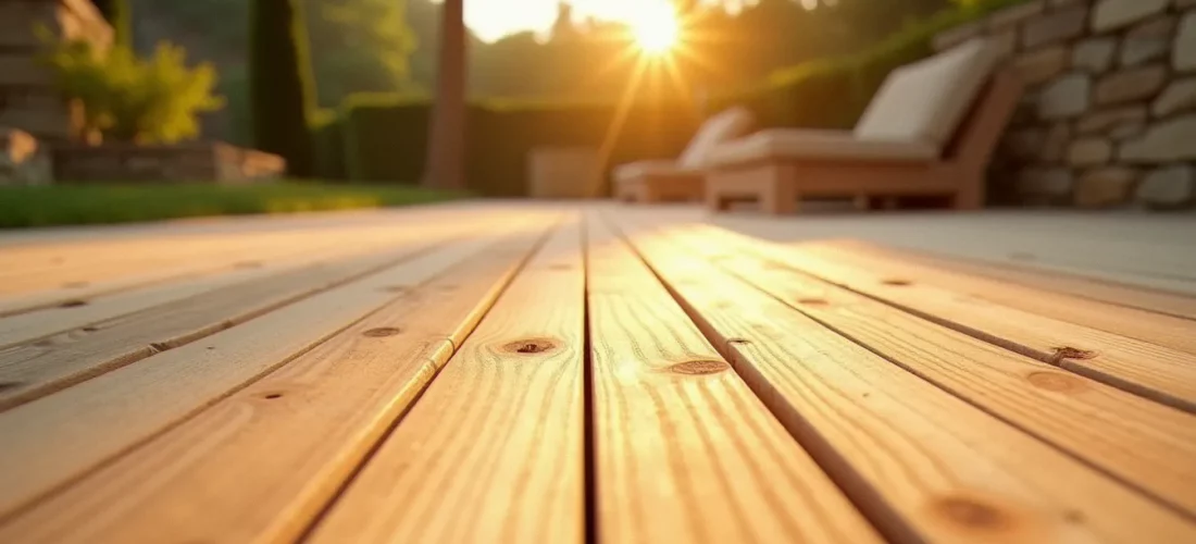 Terrasse de jardin dans le sud de la France avec planche de bois pour exterieur en douglas posée au soleil