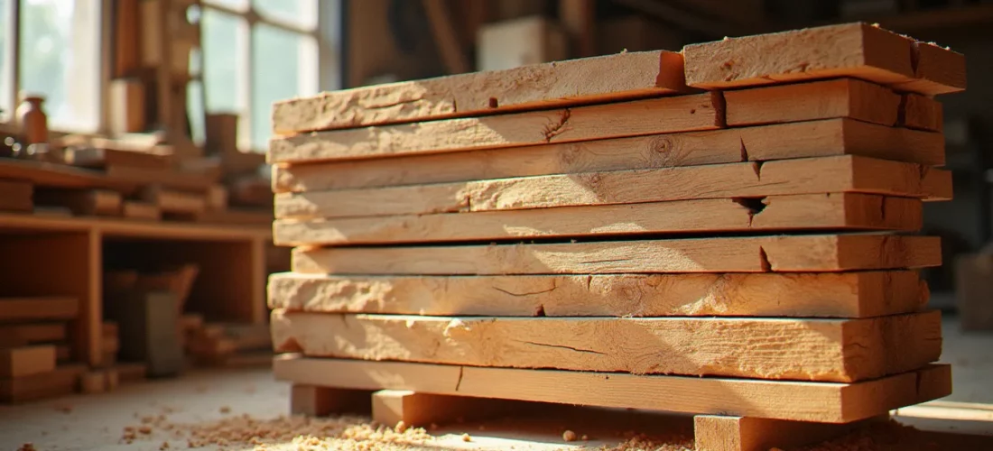 Pile de planches en bois brute de sciage empilées sur des lattes dans un atelier d'artisan bois