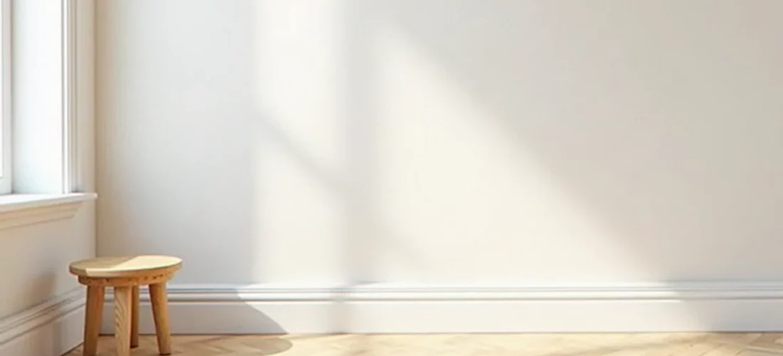 Plinthe bois blanche posée sur un mur clair au-dessus d'un parquet en chêne dans un salon lumineux