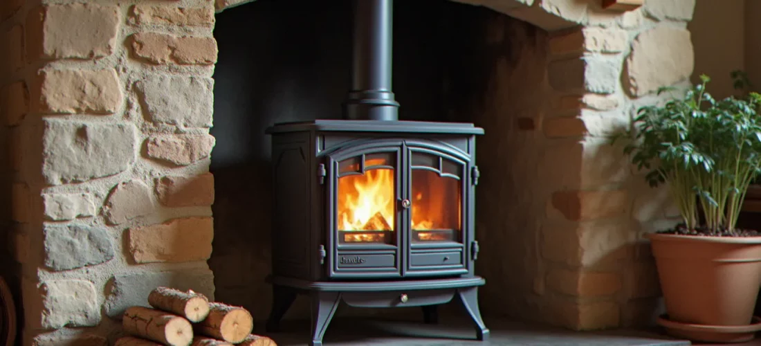 Poêle à bois en fonte noire installé devant une cheminée en pierre dans un salon rustique, avec bûches de chêne empilées à côté