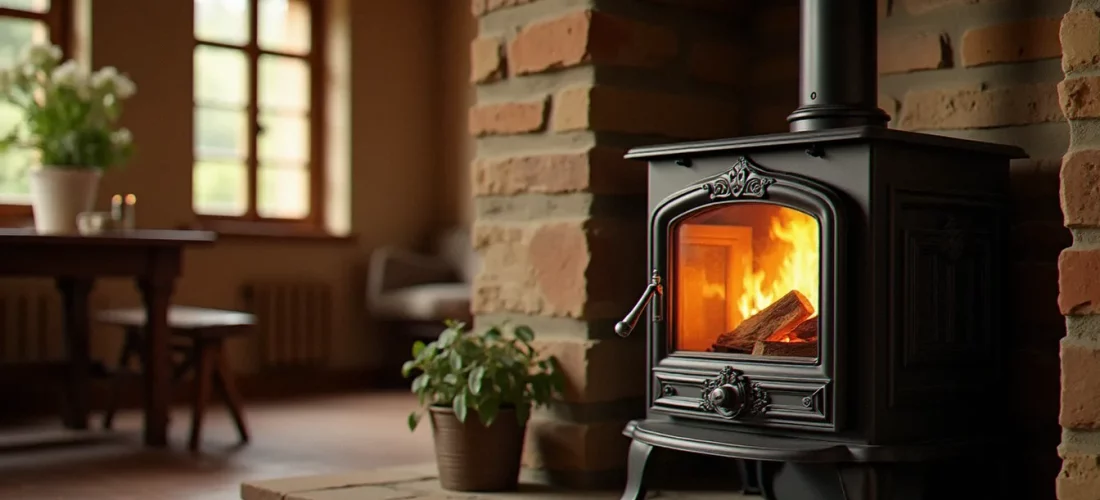 Poêle à bois en fonte avec flammes visibles dans un salon rustique, illustration du choix d'un poêle à bois