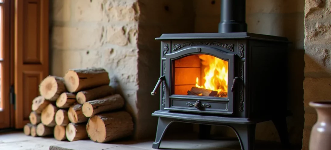 Poêle à bois efficace en fonte avec feu visible à travers la vitre, installé dans un salon en pierre du Languedoc avec des bûches de chêne empilées à côté