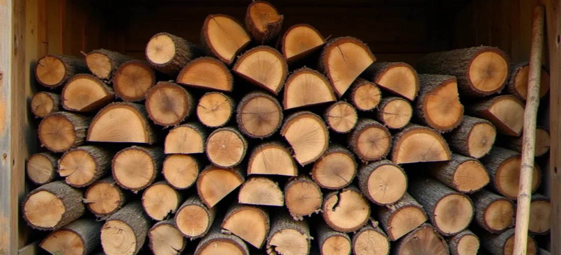Un stère de bois de chêne empilé proprement dans un abri, illustrant le poids d'un stère de bois