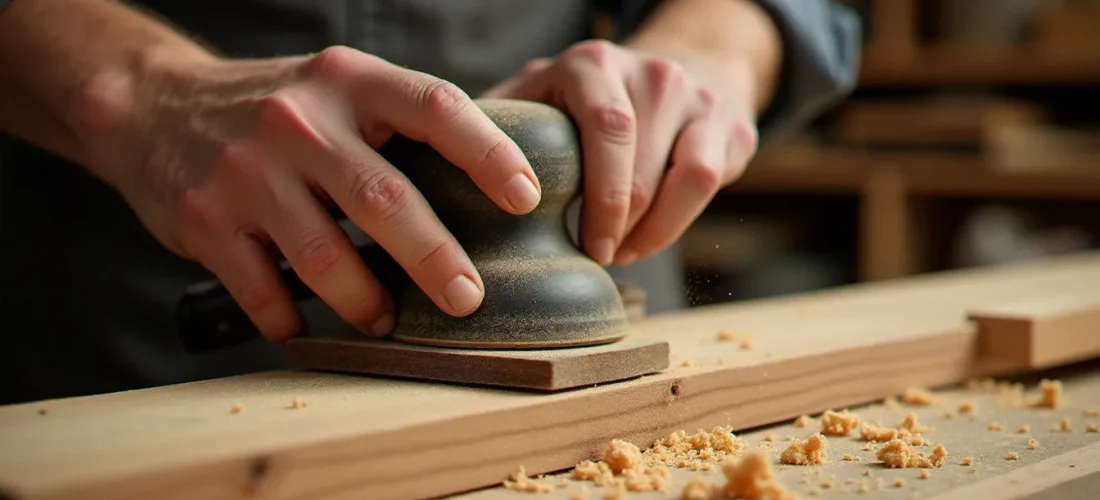 Artisan ponçant efficacement du bois de chêne avec une cale à poncer dans un atelier menuiserie