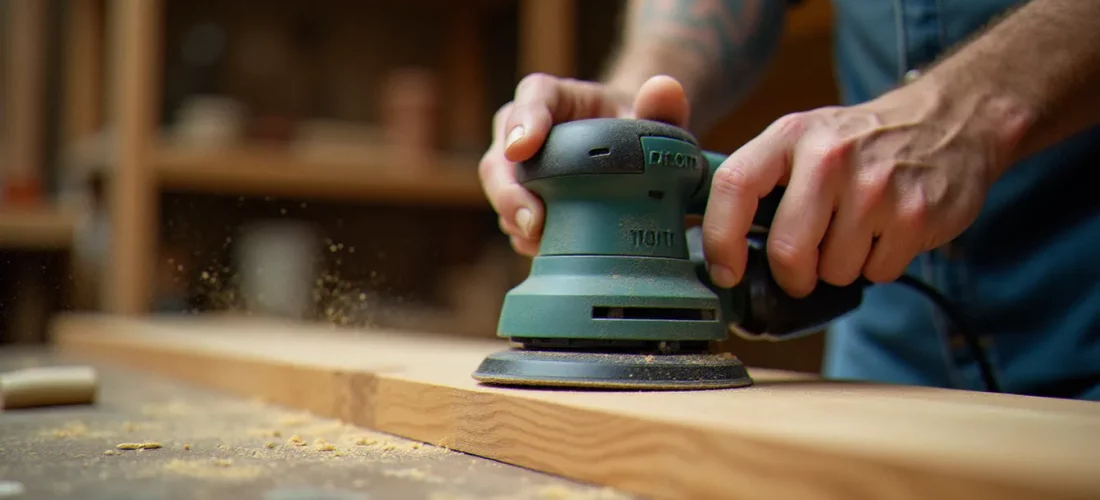 Artisan utilisant une ponceuse bois efficace sur une planche de chêne dans un atelier, poussière de bois visible autour de l'outil