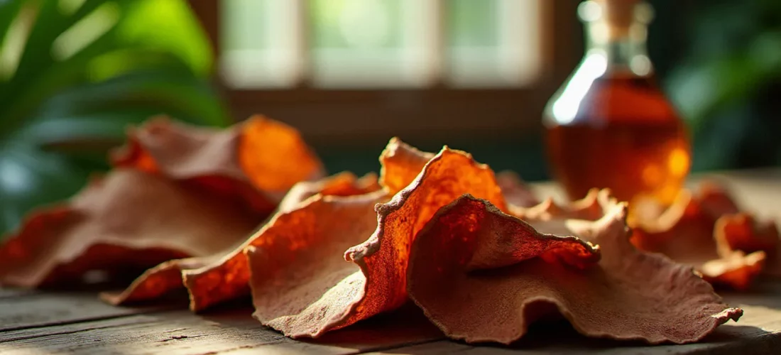 Écorce séchée de bois bandé sur une table en bois rustique avec un petit flacon de rhum ambré, illustrant pourquoi bois bandé est utilisé en macération traditionnelle