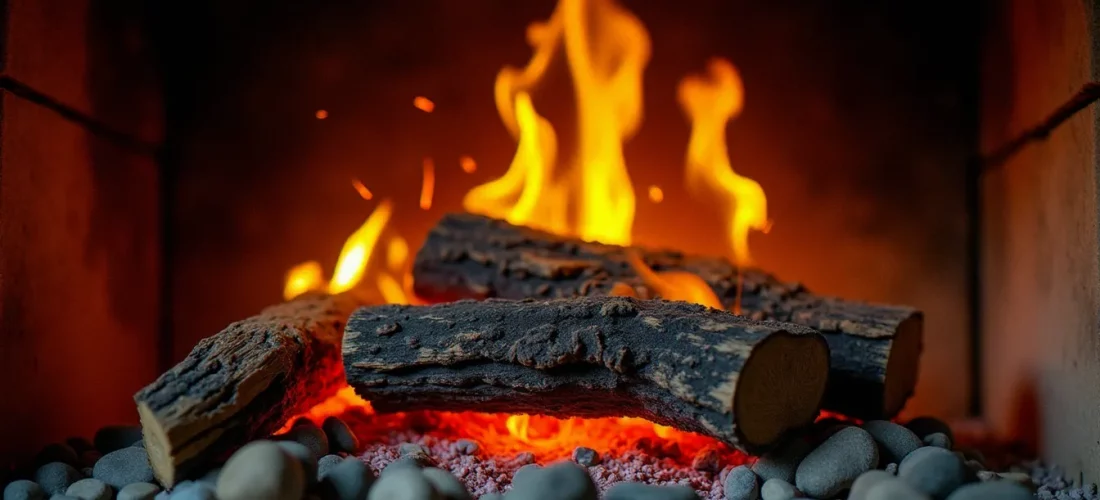 Bûches de chêne qui crépitent en brûlant dans une cheminée en pierre, avec des flammes vives illustrant pourquoi le bois crépite