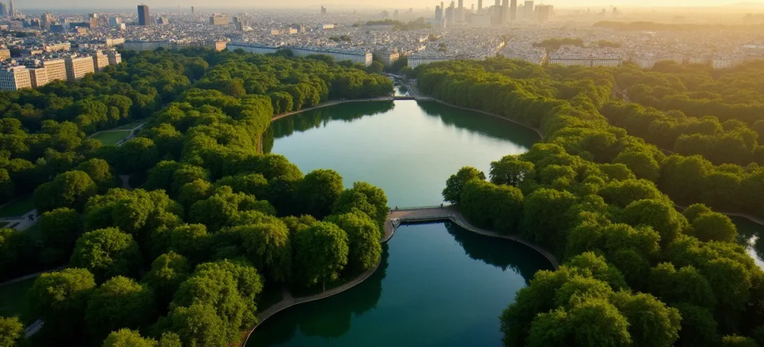 Vue aérienne du Bois de Boulogne à Paris montrant les lacs et la forêt dense au cœur de la capitale, illustration du pourquoi bois de boulogne est un espace naturel unique en milieu urbain