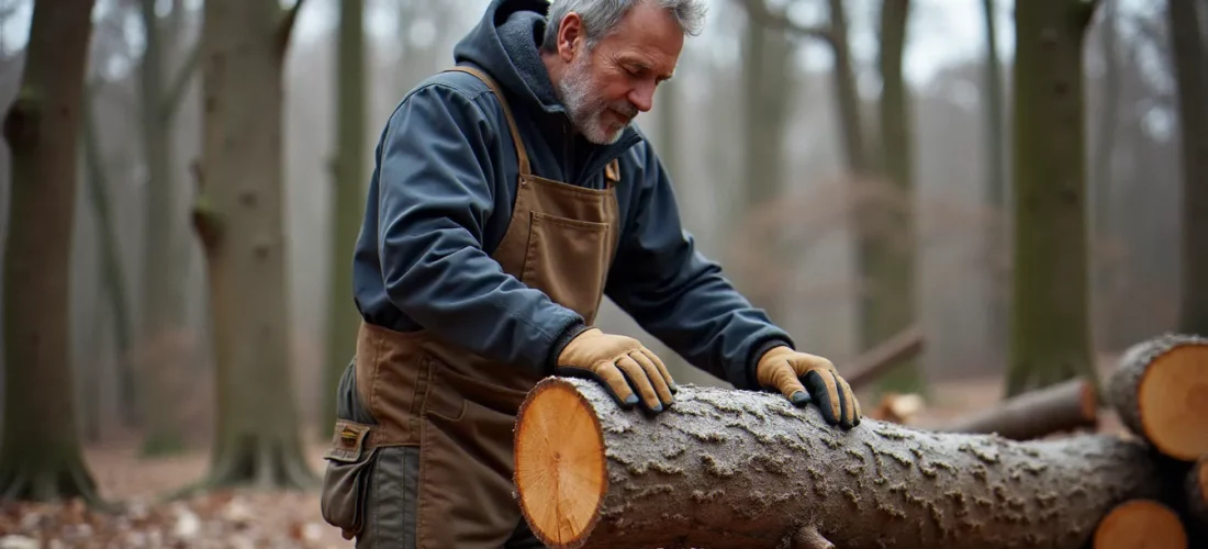 Artisan forestier examinant un tronc de chêne coupé en dormance hivernale dans une forêt de l'Hérault, illustrant le principe du bois dormant