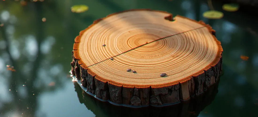 Section transversale d'une bûche de chêne flottant sur l'eau, illustrant pourquoi le bois flotte grâce à sa structure cellulaire