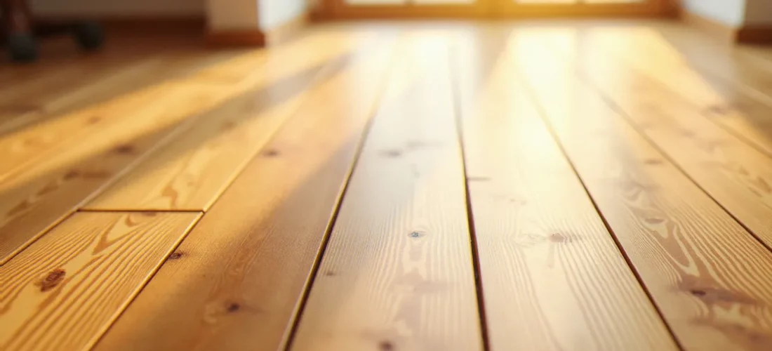 Planches de parquet en chêne huilé couleur bois miel, teinte dorée chaude, grain naturel visible en lumière naturelle