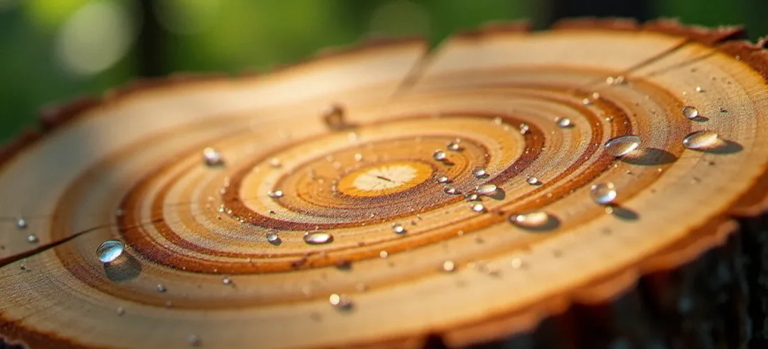 Coupe transversale d'un tronc de chêne montrant les cernes annuels et des gouttelettes d'eau absorbées — illustration de la question pourquoi bois tu autour du bois