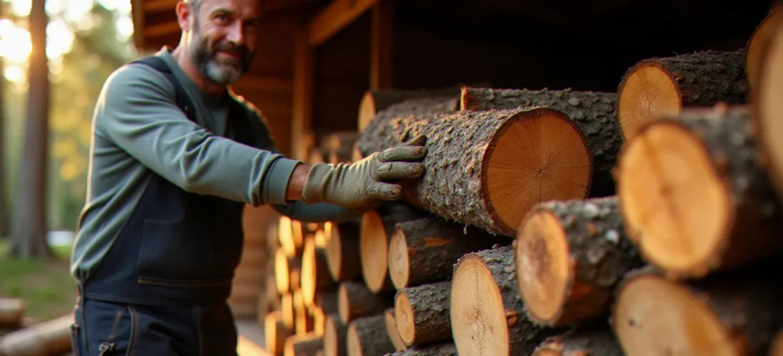 Artisan bûcheron empilant des bûches de chêne séchées certifiées qualibois 2025 dans un abri à bois provençal
