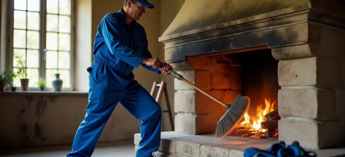 Ramoneur professionnel en train d'effectuer un ramonage obligatoire dans la cheminée d'un logement en location, illustrant l'obligation légale pour le locataire