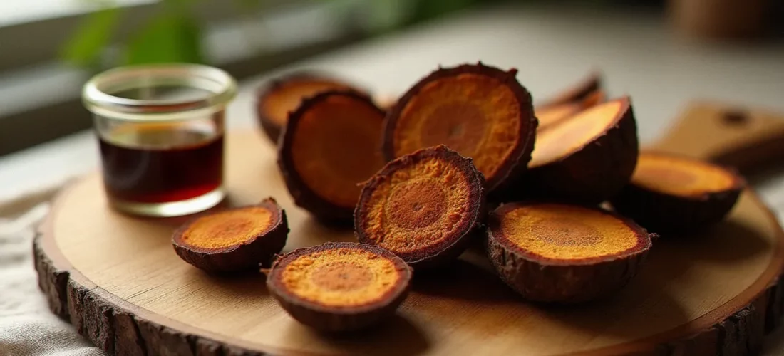 Écorce séchée de bois bandé africain sur une planche en bois, avec un bocal de préparation liquide, illustrant la recette bois bandé africain traditionnelle