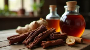 Morceaux d'écorce de bois bandé séchée et rhum de macération aphrodisiaque posés sur une table en bois rustique