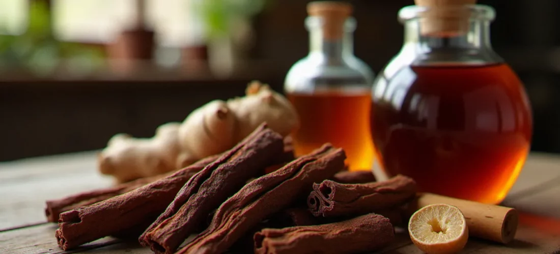 Morceaux d'écorce de bois bandé séchée et rhum de macération aphrodisiaque posés sur une table en bois rustique