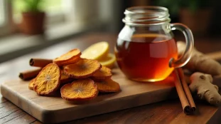 Écorce séchée de bois bandé posée sur une planche en bois rustique avec des épices pour préparer la recette bois bandé aphrodisiaque