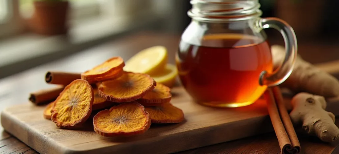 Écorce séchée de bois bandé posée sur une planche en bois rustique avec des épices pour préparer la recette bois bandé aphrodisiaque