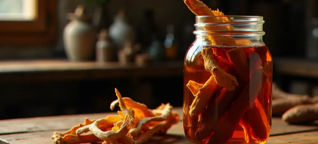 Bocal en verre contenant une macération de bois bandé dans du rhum ambré, posé sur un établi en bois, illustrant la recette bois bandé traditionnelle antillaise