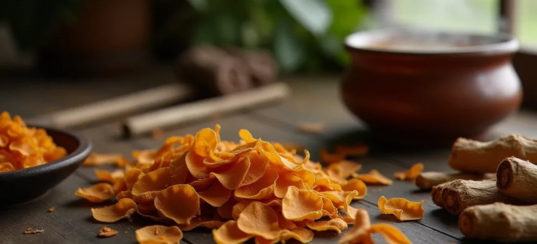 Copeaux d'écorce de bois bandé séchée disposés sur un établi en bois à côté d'une casserole avec une décoction ambrée sans alcool