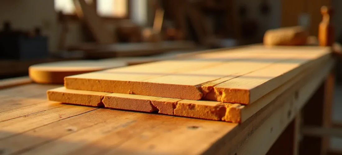 Planches de bois blond torréfiées au four sur un établi d'atelier, illustrant la recette bois blond au four avec leur teinte miel caractéristique