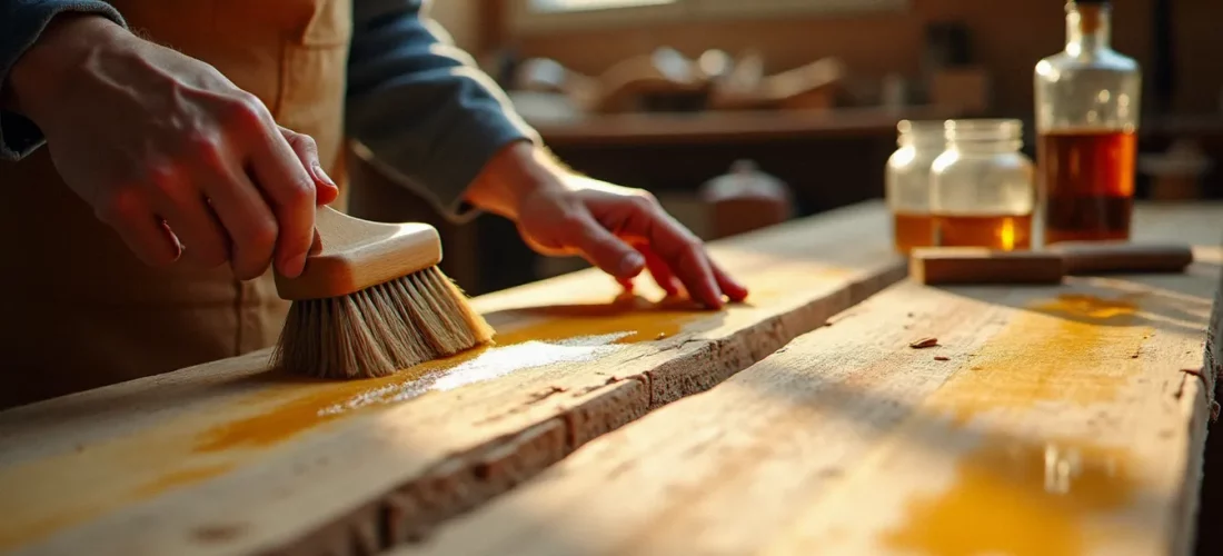 Artisan appliquant une recette bois camole à l'huile de lin sur des planches de chêne brut dans un atelier de menuiserie traditionnel