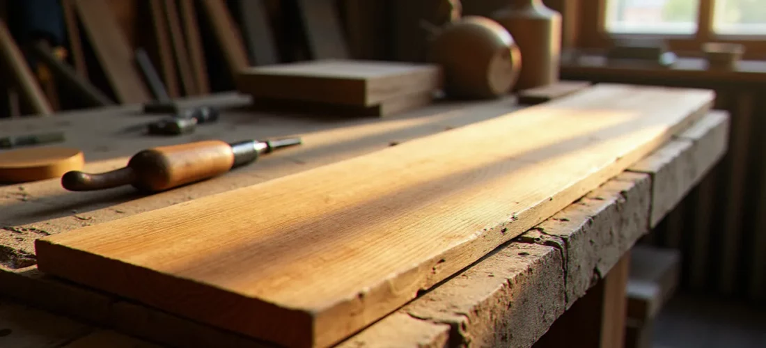 Planche de chêne brossée présentant l'effet bois cassé avec veines profondes sur un établi d'atelier artisanal