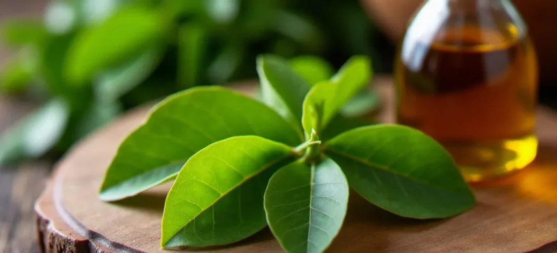 Feuilles fraîches de bois d'inde posées sur une planche en bois rustique avec une bouteille d'huile ambrée, illustrant la recette bois d'inde artisanale maison